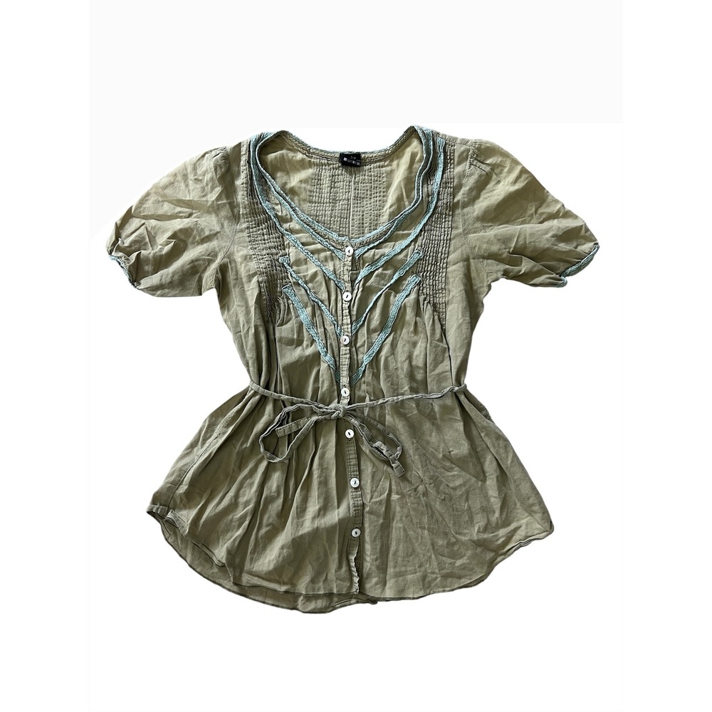 Aziz Boho Sage Green Cotton Button-Down Top